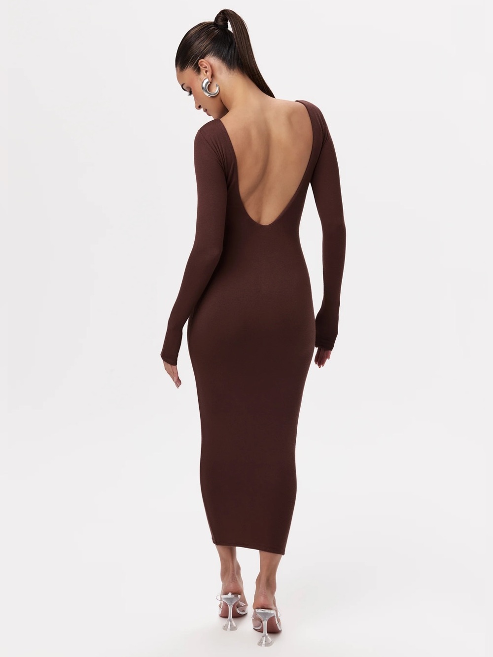NAKED WARDROBE Low-Back Long Sleeve Midi Dress in Chocolate Brown